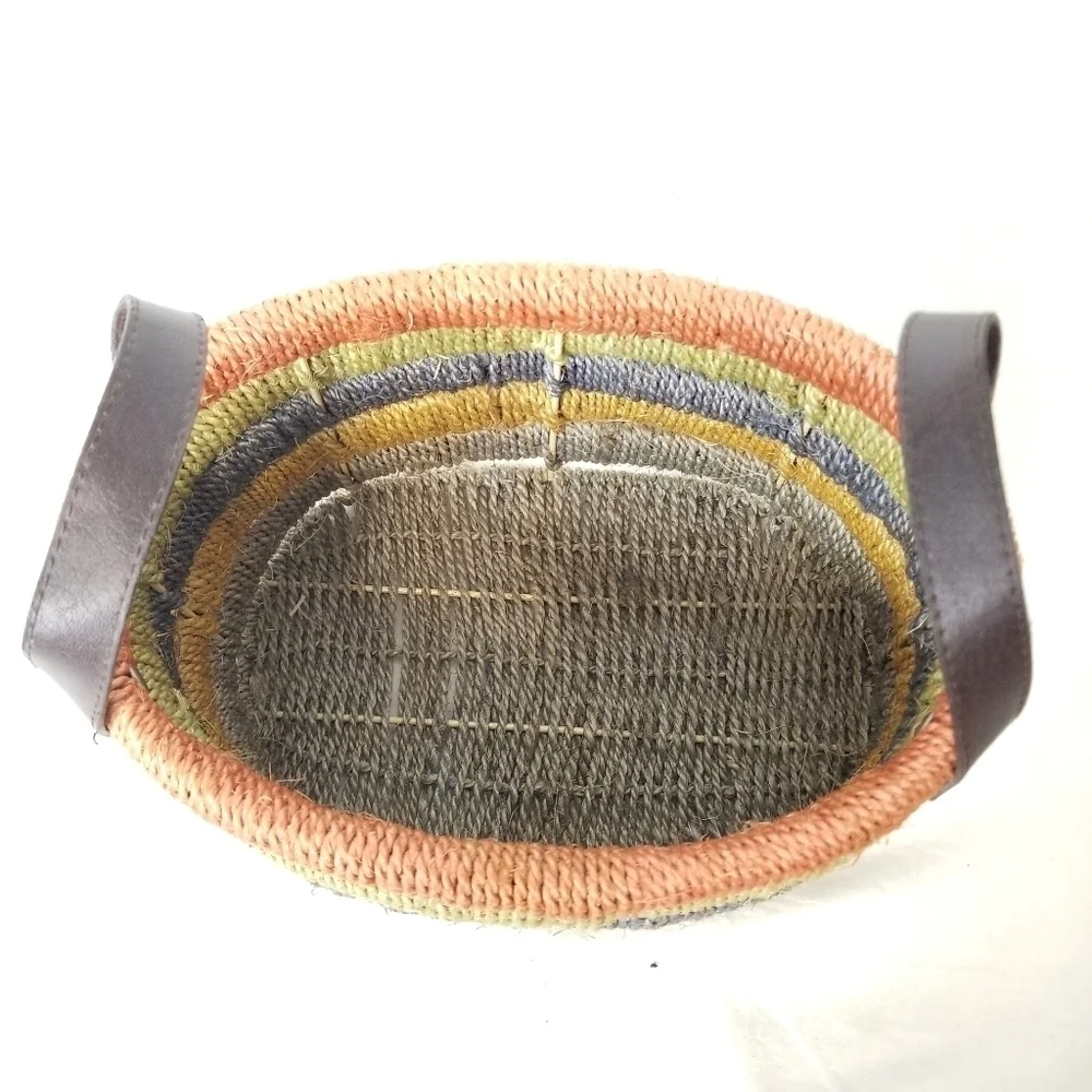 Unique Beautiful Earth Tone Multicolored Wooven Jute Basket with Leather Handles